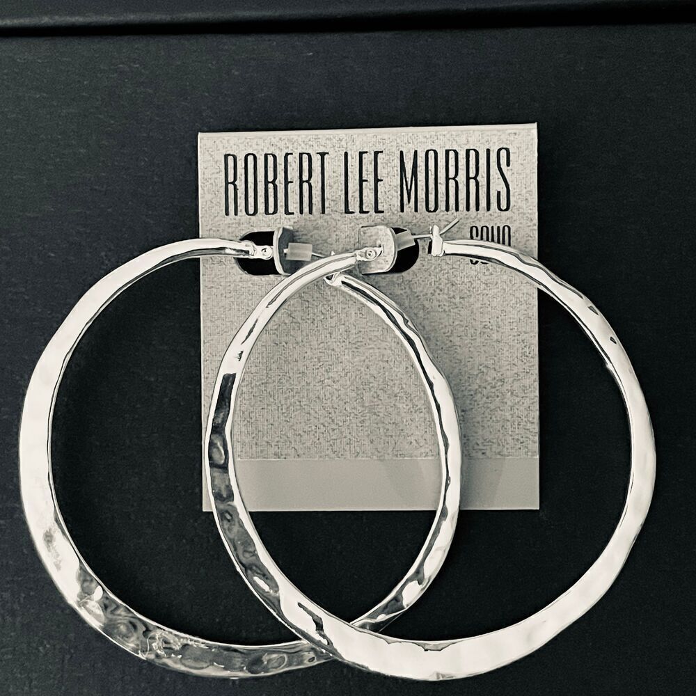 NWT Robert Lee Morris Soho Large Silver Hammered Shinny Gorgeous Hoops earrings - Picture 8 of 8